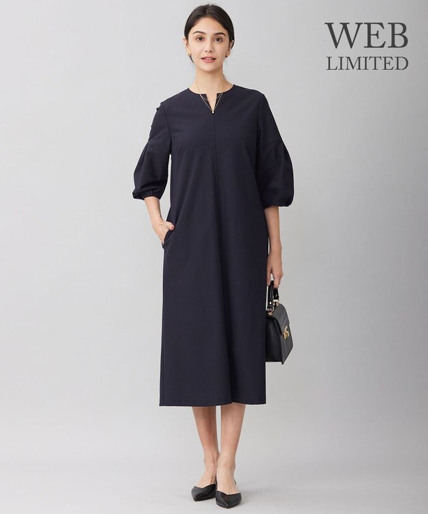 自由区 S 【WEB限定・洗える】カラミストレッチパフスリーブ ワンピース ネイビー系