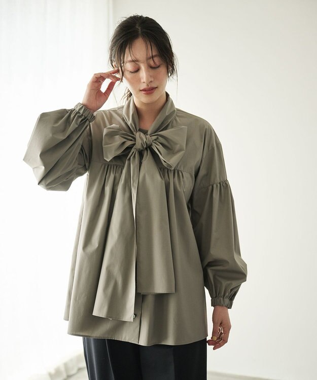 #Newans 【シワになりにくい/洗濯機可能/袖ゴム】ビッグリボンブラウス グレー