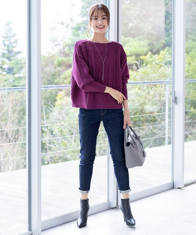 Tiaclasse L 【洗える】ケーブル編みドルマンニットトップス パープル