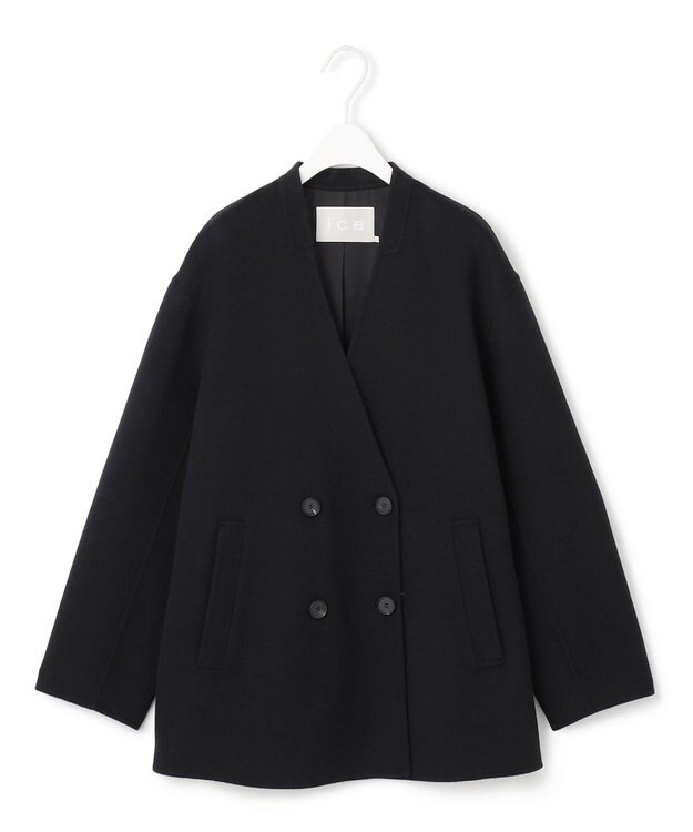 ICB WoolRever ノーカラーショートコート ブラック系