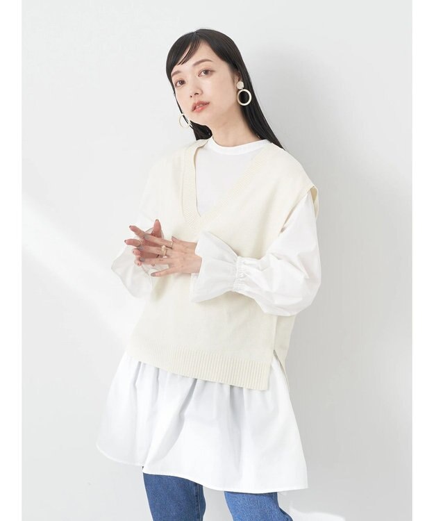 earth music&ecology ＳＥＴ２点Ｖネックベスト＋スタンドカラーチュニック Ivory