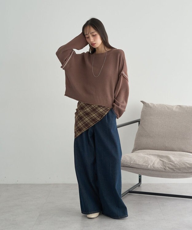 earth music&ecology 【洗濯機洗い可 / 選べる丈】アンチピリングC/A選べる丈配色ニット ブラウン