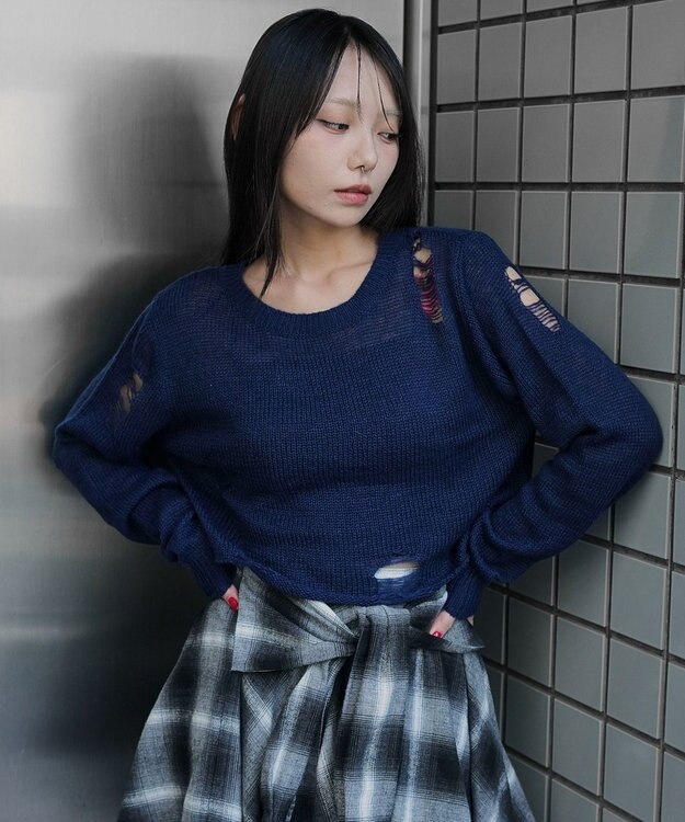 WEGO モヘアタッチダメージショートニット ネイビー