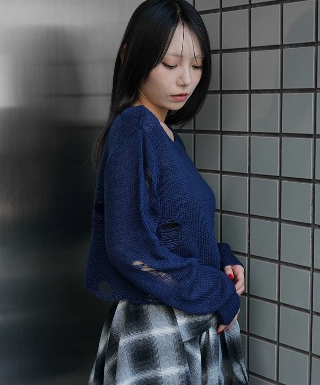 WEGO モヘアタッチダメージショートニット ネイビー