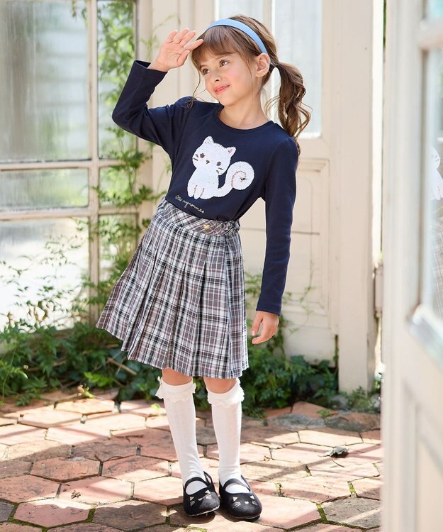 ANY KIDS ミラクルスパンコール長袖Tシャツ ネイビー（ネコ×リス）