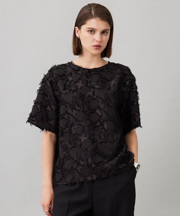 ICB 【洗える】 ヘアリーシアージャカード ブラウス ブラック系