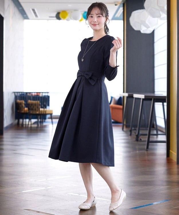 Tiaclasse 【セレモニー・XSサイズ追加・新色追加】アシメリボンベルトフレアワンピース ネイビー