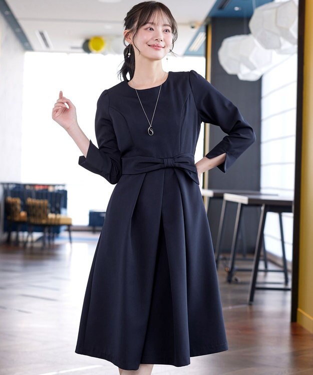 Tiaclasse L 【セレモニー・新色追加】アシメリボンベルトフレアワンピース ネイビー