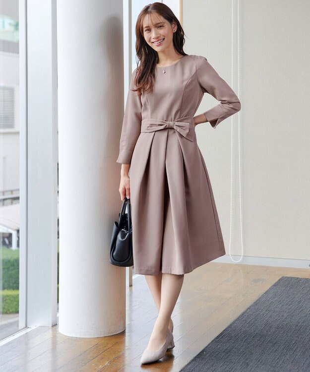Tiaclasse L 【セレモニー・新色追加】アシメリボンベルトフレアワンピース モカ