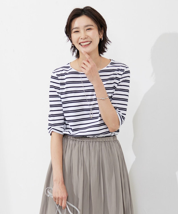 J.PRESS LADIES 【接触冷感・UVケア】 スムースジャージー タックスリーブ ボーダー カットソー ブラック系1