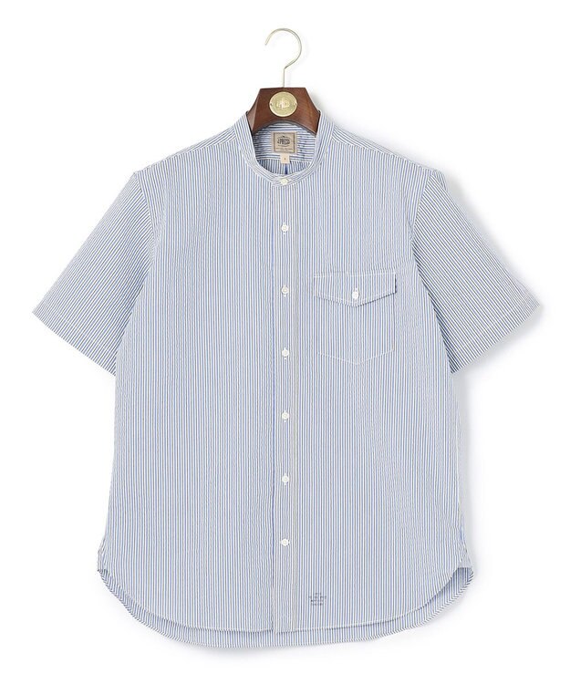 J.PRESS MEN 【クールマックス】サッカーマルチストライプ バンドカラーシャツ サックスブルー系1