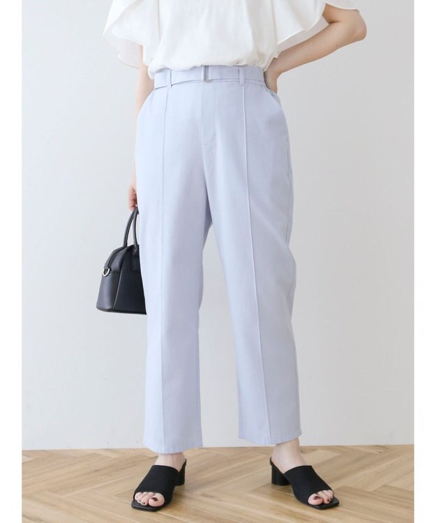 Green Parks 綿麻混バックルベルト付テーパードパンツ Grayish Blue