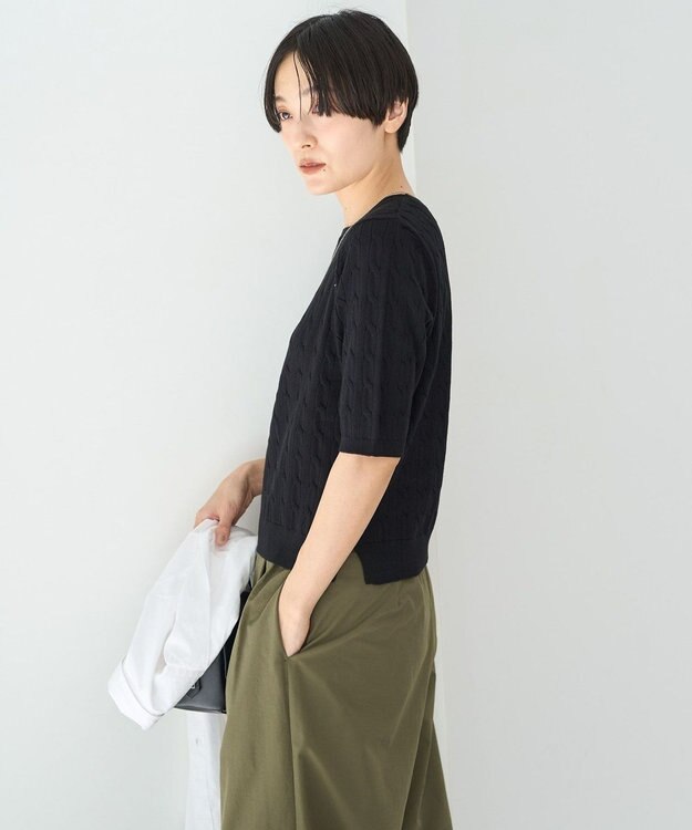 AMERICAN HOLIC ケーブル５分袖ニットプルオーバー Black