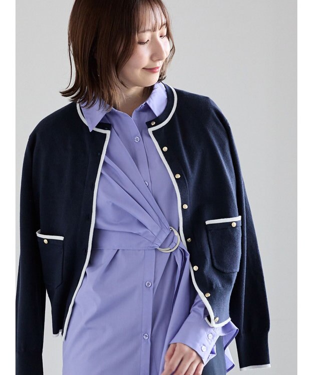 Te chichi ポケット付きクルーネックカーディガン ネイビー