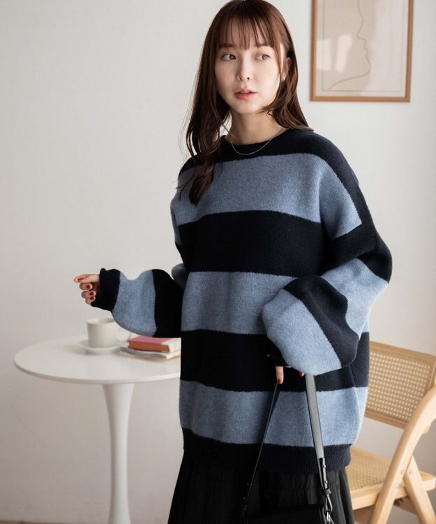 WEGO ボーダーフラッフィービッグニット ネイビー