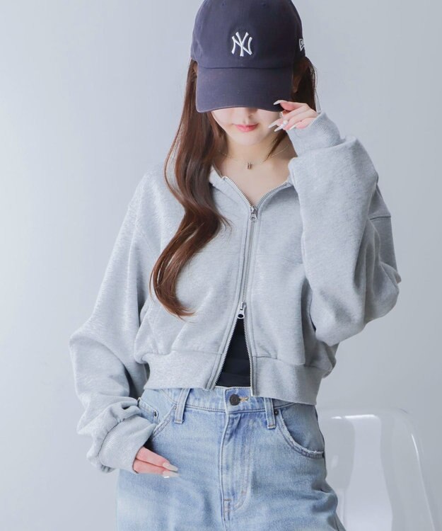 WEGO ショートZIPパーカー 杢グレー