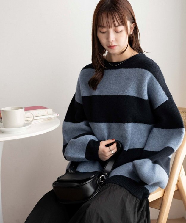 WEGO ボーダーフラッフィービッグニット ネイビー