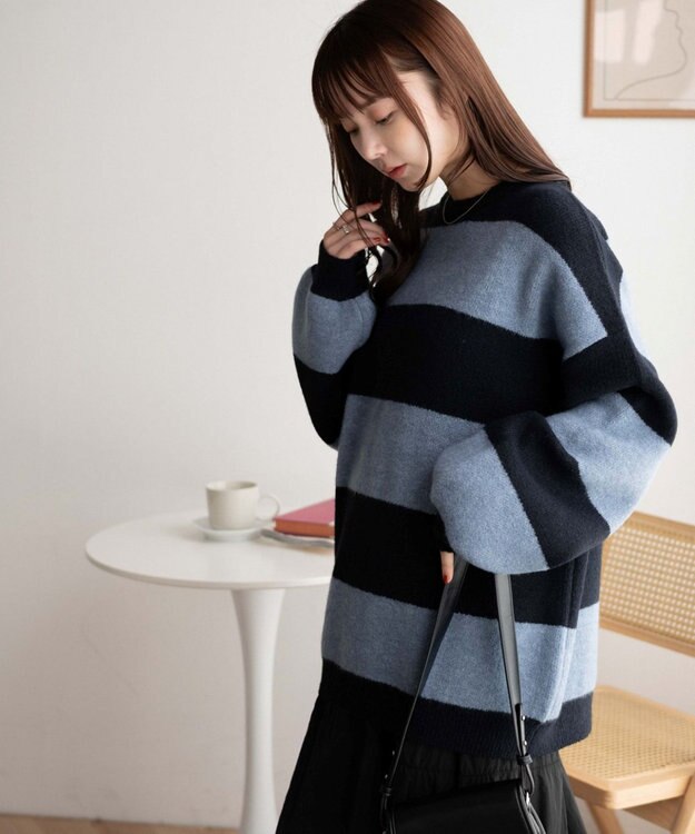 WEGO ボーダーフラッフィービッグニット ネイビー