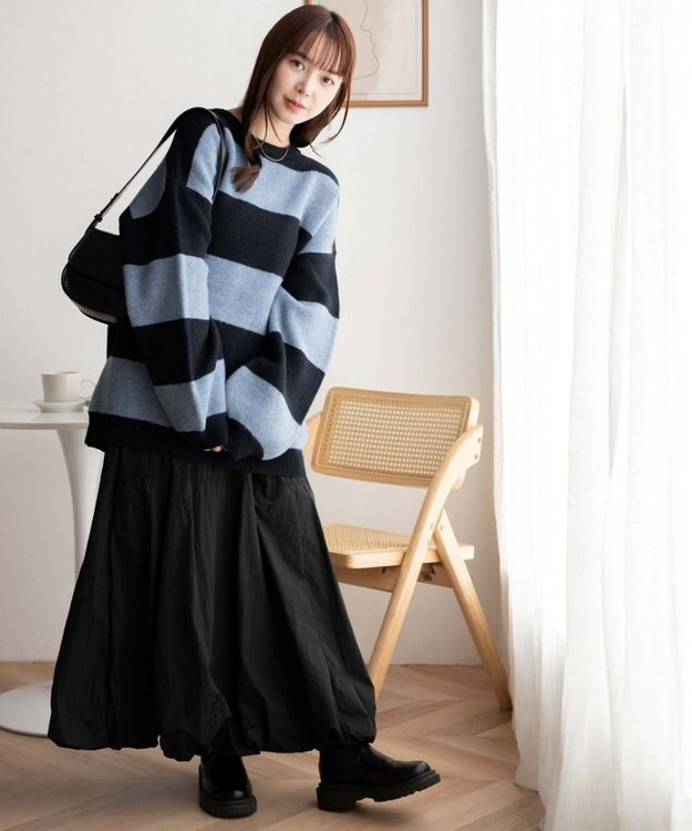 WEGO ボーダーフラッフィービッグニット ネイビー