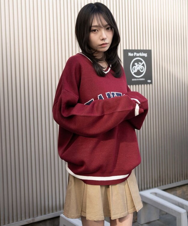 WEGO VネックグラフィックニットBIGプルオーバー ワイン