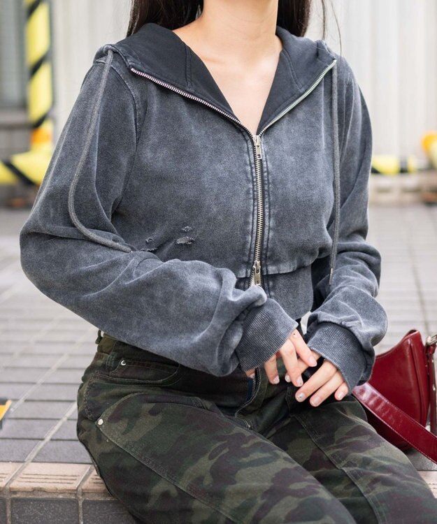 WEGO ヴィンテージウォッシュWジップショートパーカー ブラックその他