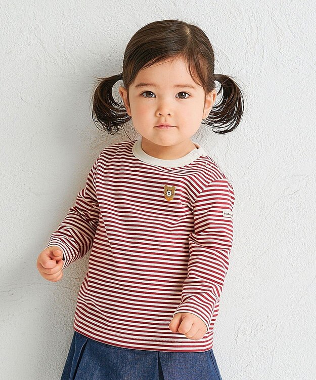 MIKI HOUSE HOT BISCUITS 【70-120cm】【Everyday Series】ワンポイント ボーダー長袖Tシャツ