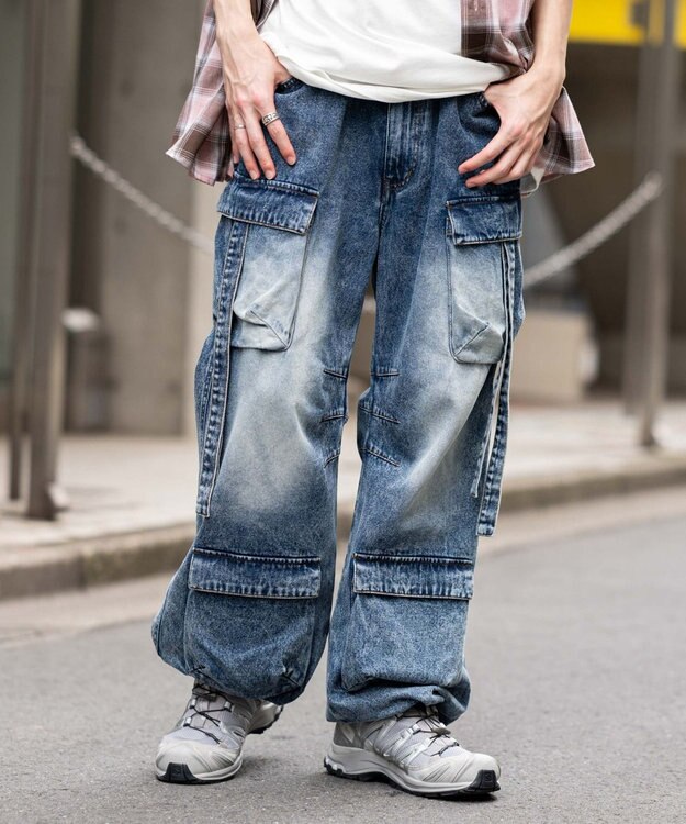 WEGO イージーマルチポケットデニムカーゴ デニム淡加工色