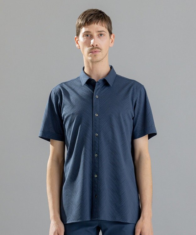 JOSEPH HOMME ブロークンヘリンボンジャージー　レギュラーカラー半袖シャツ ダルブルー系