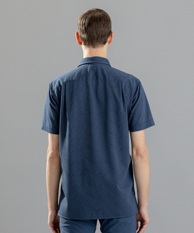 JOSEPH HOMME ブロークンヘリンボンジャージー　レギュラーカラー半袖シャツ ダルブルー系