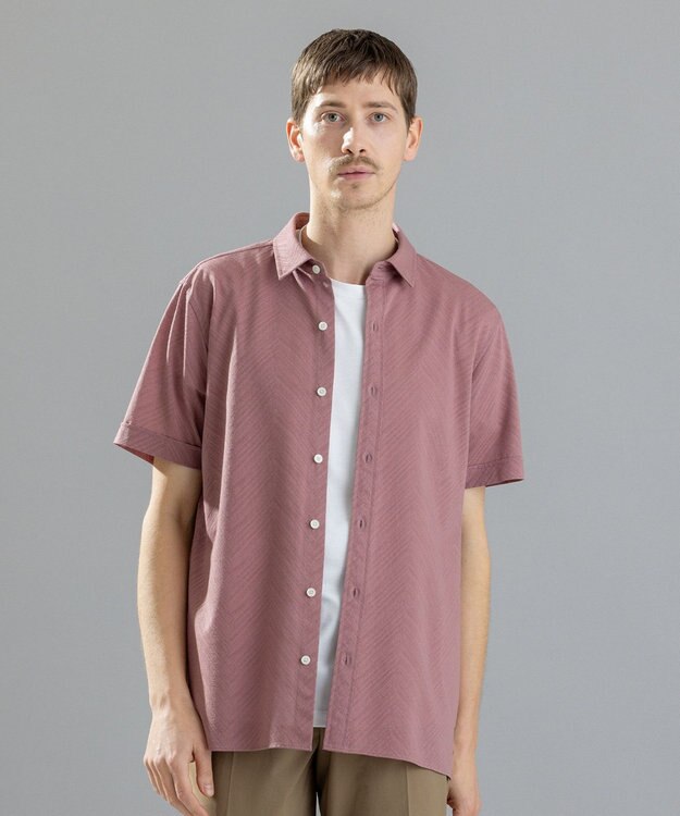 JOSEPH HOMME ブロークンヘリンボンジャージー　レギュラーカラー半袖シャツ ピンク系