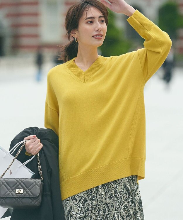 23区 【洗える】ウールミドルゲージ Vネック チュニック ニット イエロー系