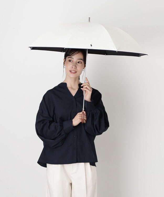 MOONBAT 【WEB限定/遮光率100%/遮熱/UV】POLO RALPH LAUREN（ポロ ラルフローレン）晴雨兼用日傘 無地 オーバーロック刺繍 長傘 オフホワイト