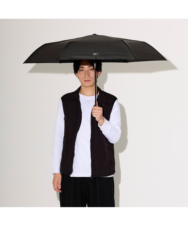 MOONBAT 【WEB限定】MIZUNO  (ミズノ) 無地 ロゴ 日傘 折りたたみ傘 自動開閉 1プッシュ パラソル 晴雨兼用  軽量 一級遮光 遮熱効果 遮光率100% UV遮蔽100% ブラック