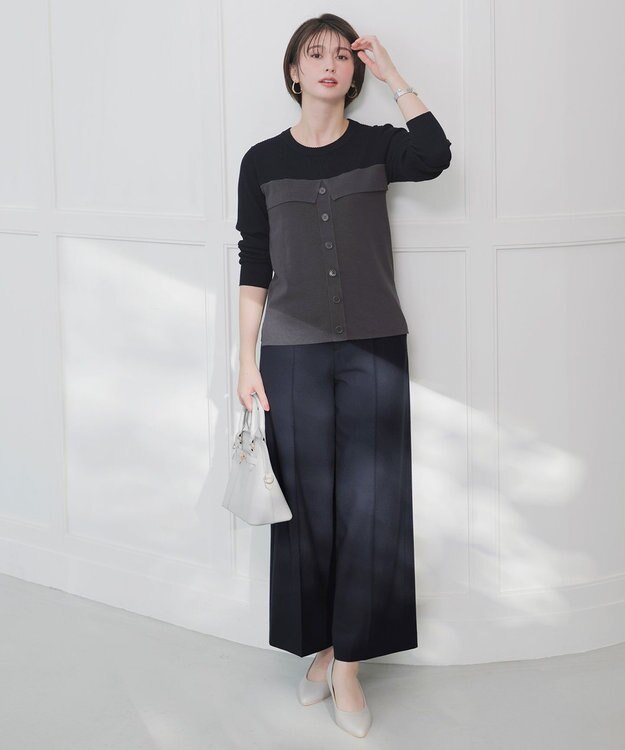 ANY SIS L ビスチェ風 長袖 ニット チャコール×ネイビー