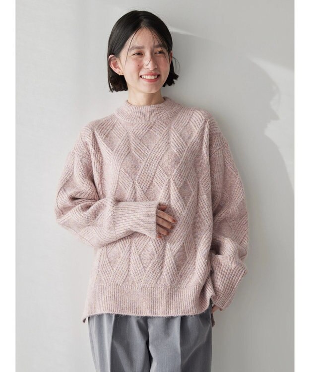 AMERICAN HOLIC Ｍｉｘヤーンモックネックケーブルニットプルオーバー Pink