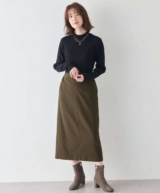 ANY L 【手洗い可/ウエストゴム】裏起毛ハイストレッチタイトスカート カーキ