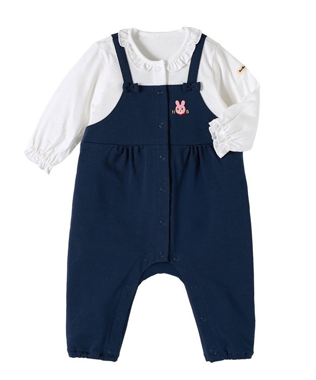 MIKI HOUSE HOT BISCUITS 【70-80cm】オーバーオール重ね着風 カバーオール 紺