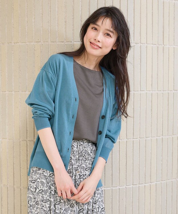 ANY L 【洗濯機可/接触冷感/アンチピリング】シアーニットVネックカーディガン ブルー