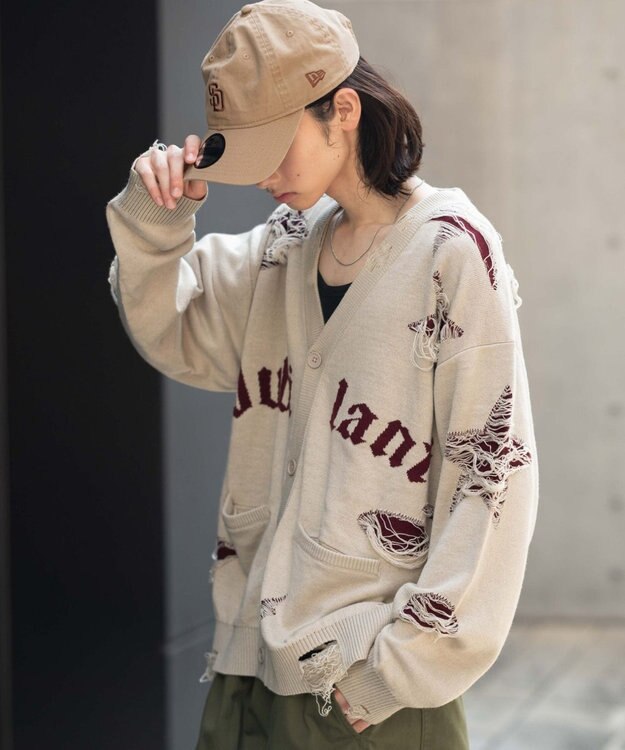 WEGO 【ユニセックス着用ITEM】ダメージジャガードカーディガン オフホワイト