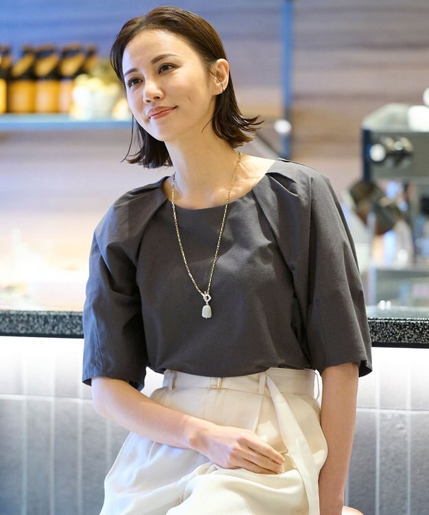 自由区 【XSサイズ~/洗える】ツイストプレインジャージー袖タック カットソー グレー系