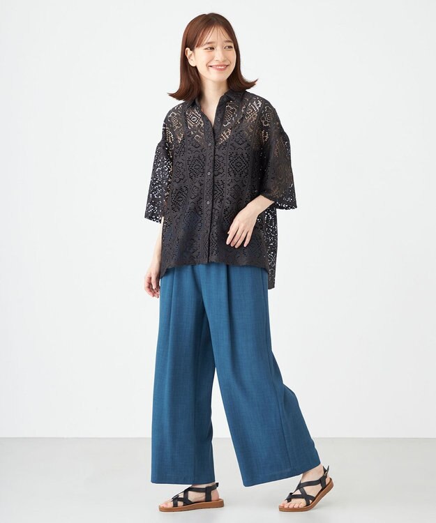 SHARE PARK LADIES ドライタッチリネンライクパンツ ダルブルー系