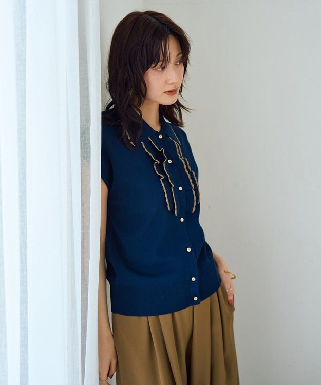 YECCA VECCA 配色フリルカーディガン Navy