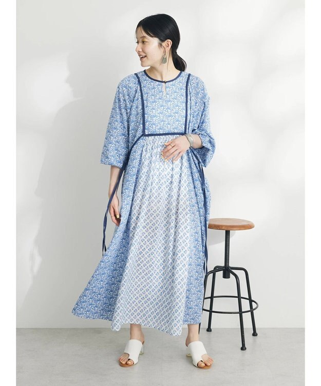 CRAFT STANDARD BOUTIQUE インド綿混エスニック切替ワンピース Blue