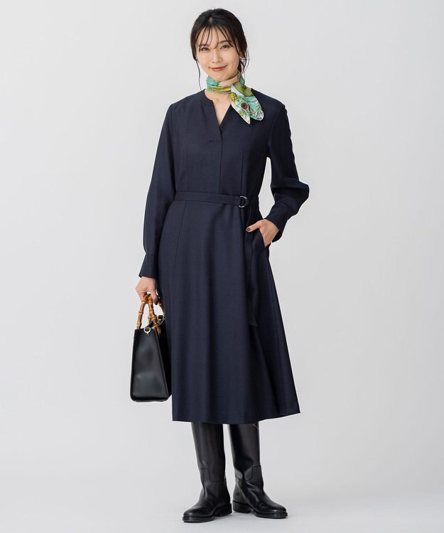 23区 L ウールジョーゼット フィットアンドフレア ワンピース ネイビー系