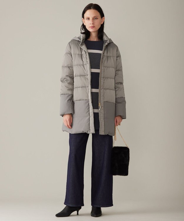 自由区 S 【撥水加工・洗える】ブライトダウンフード付き ダウンコート カーキグレー