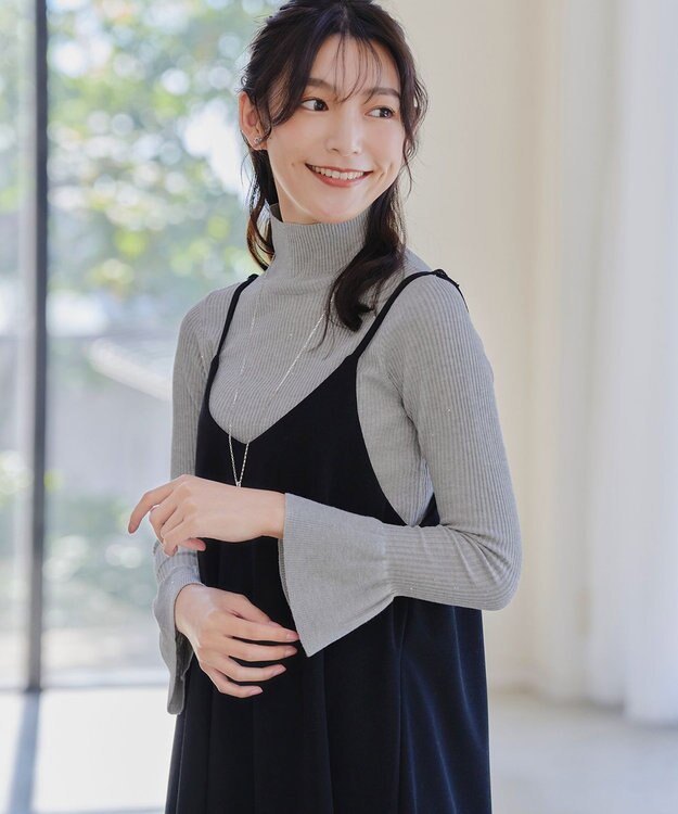 Tiaclasse 【洗える】スパンコールハイネックリブニットトップス グレー