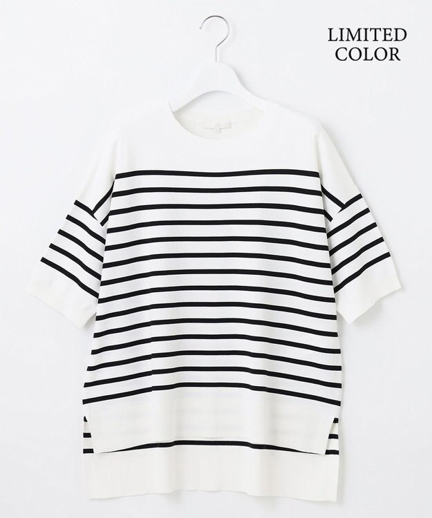 自由区 L 【接触冷感・UVカット・WEB限定カラーあり】クレープストレッチプルオーバー ニット [WEB限定]オフ×ブラックボーダー