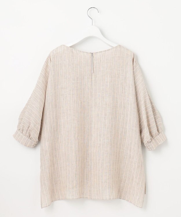 自由区 【洗える】リネンストライプ ボートネックブラウス ベージュ系1