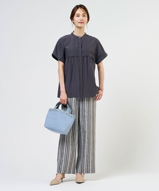 J.PRESS LADIES リネンレーヨン 柄 ワイドパンツ ネイビーストライプ系