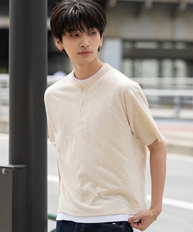 WEGO 【ユニセックス着用ITEM/MLサイズ展開】フェイクレイヤードヘンリーネックT（SS） ライトベージュ
